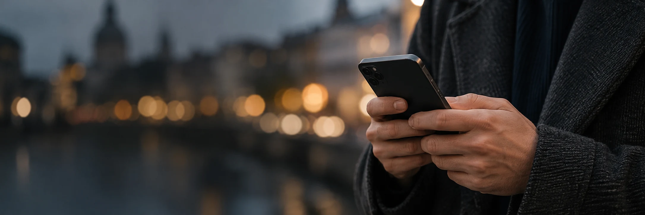 Close-up of a person using a smartphone outdoors in a city
