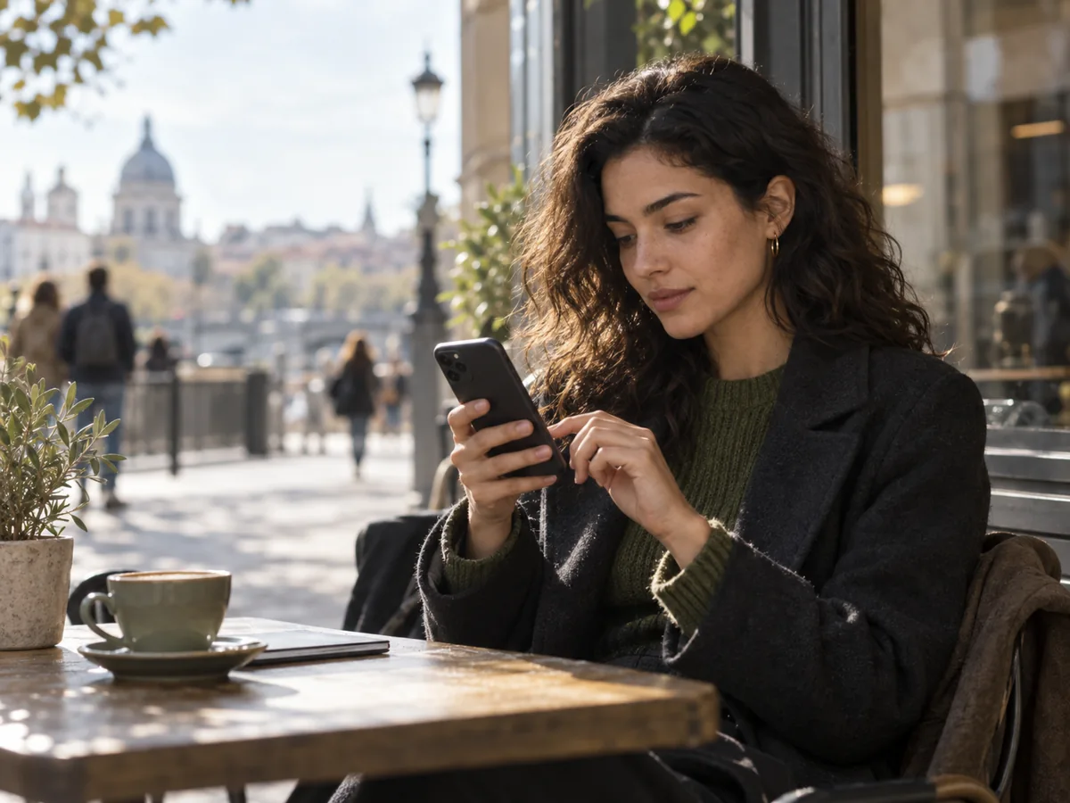 Woman using an app on her phone outside a café