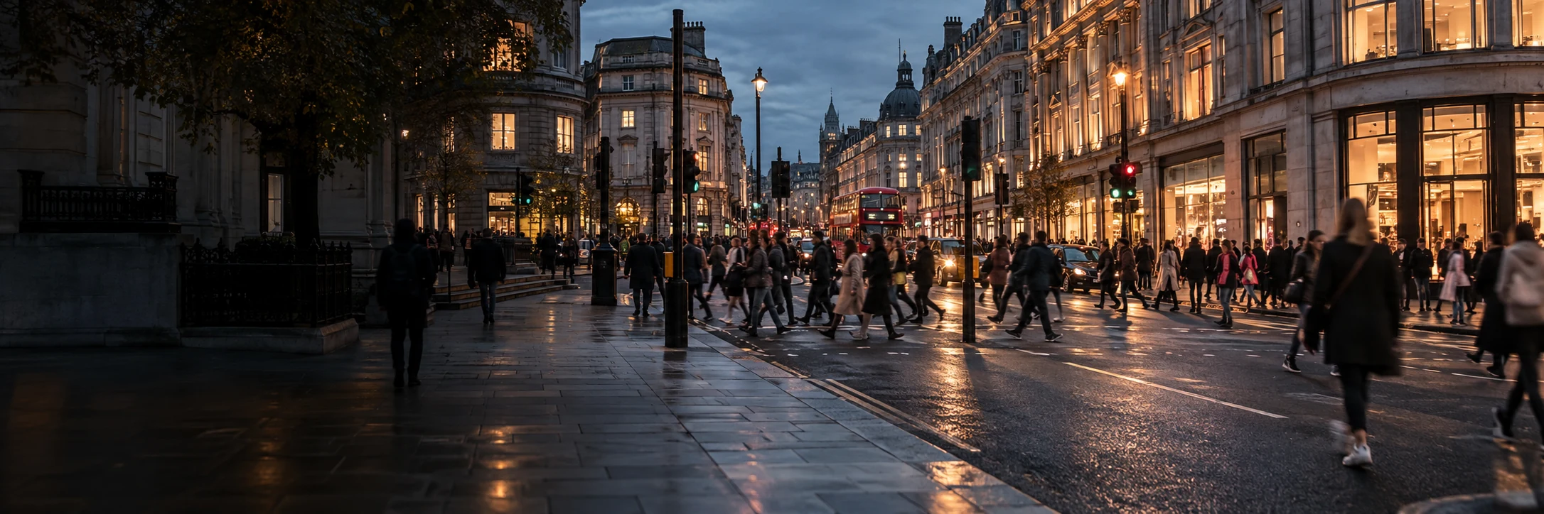 People crossing a busy London-inspired city street