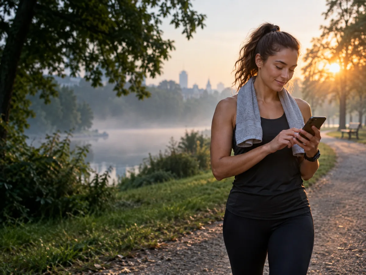 Runner using a fitness app beside a lake at sunrise