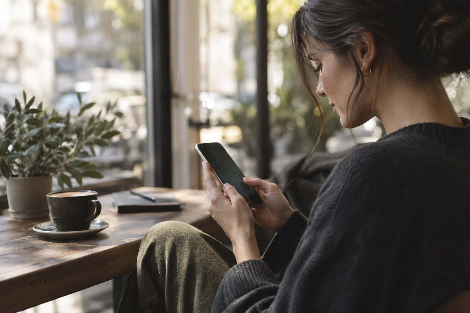 Person using a smartphone beside a café window