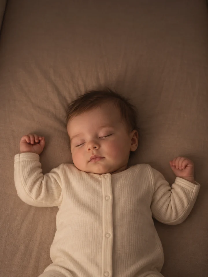 Baby sleeping peacefully in a cream sleep suit