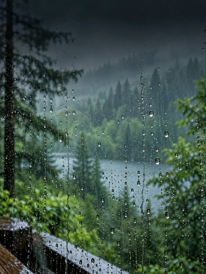 Raindrops on a window overlooking a green forest