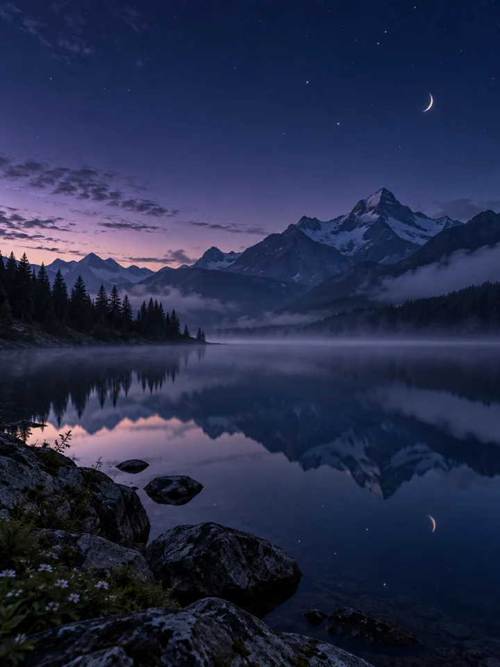 Peaceful mountain lake beneath a crescent moon
