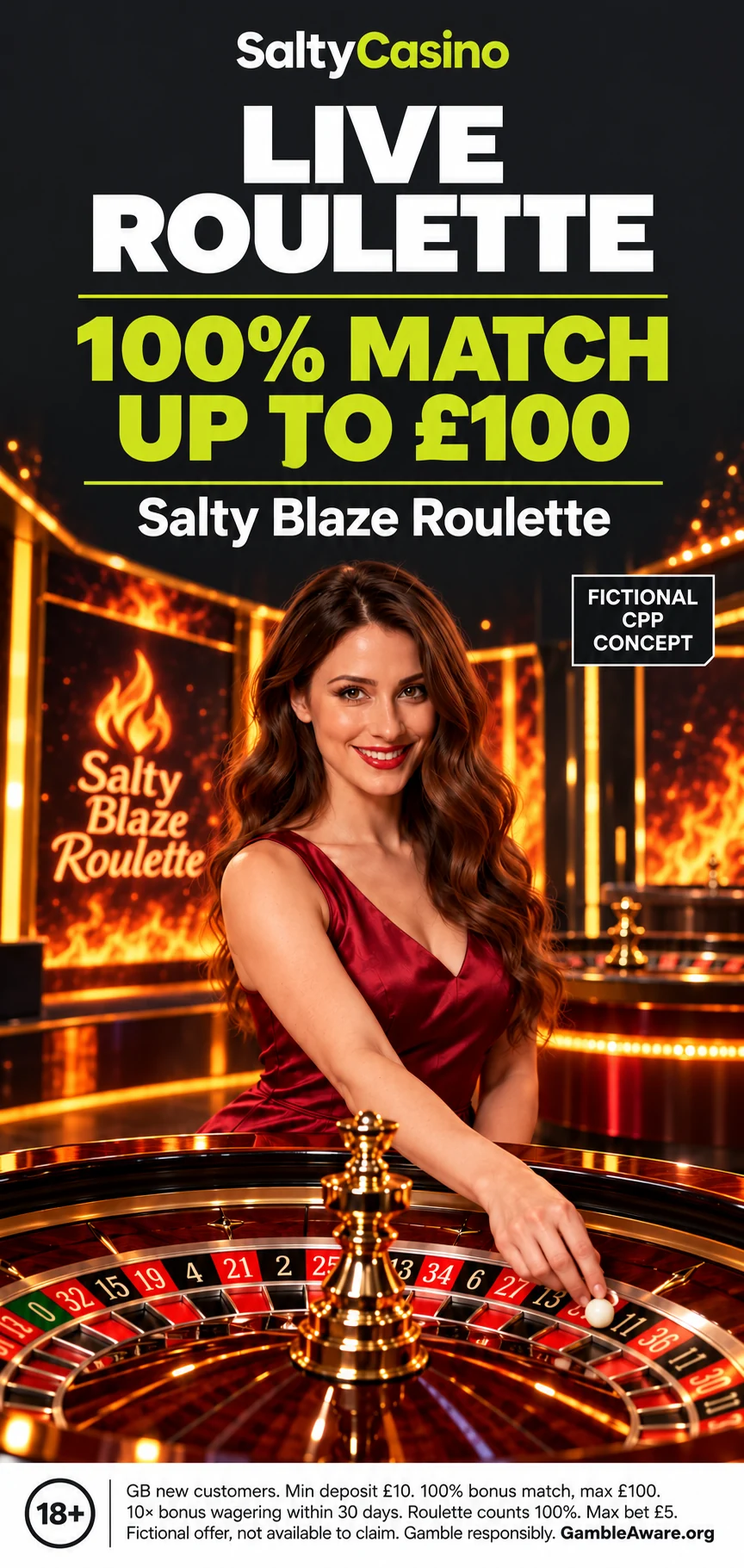 Fictional SaltyCasino CPP artwork for Salty Blaze Roulette with a 100% deposit-match welcome offer up to £100, live dealer, roulette wheel and integrated 18+ and GambleAware legal footer.