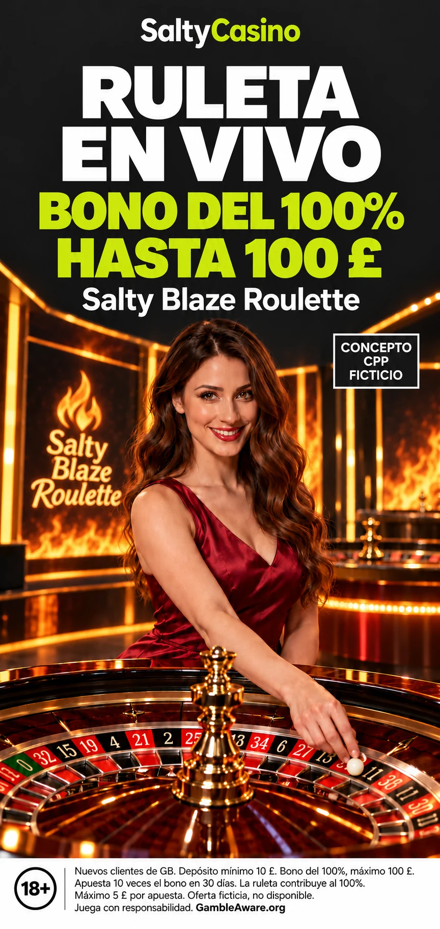 Creatividad de CPP ficticia de SaltyCasino para Salty Blaze Roulette, con bono de bienvenida del 100 % del depósito hasta 100 £, crupier en vivo, rueda de ruleta y pie legal integrado con 18+ y GambleAware.