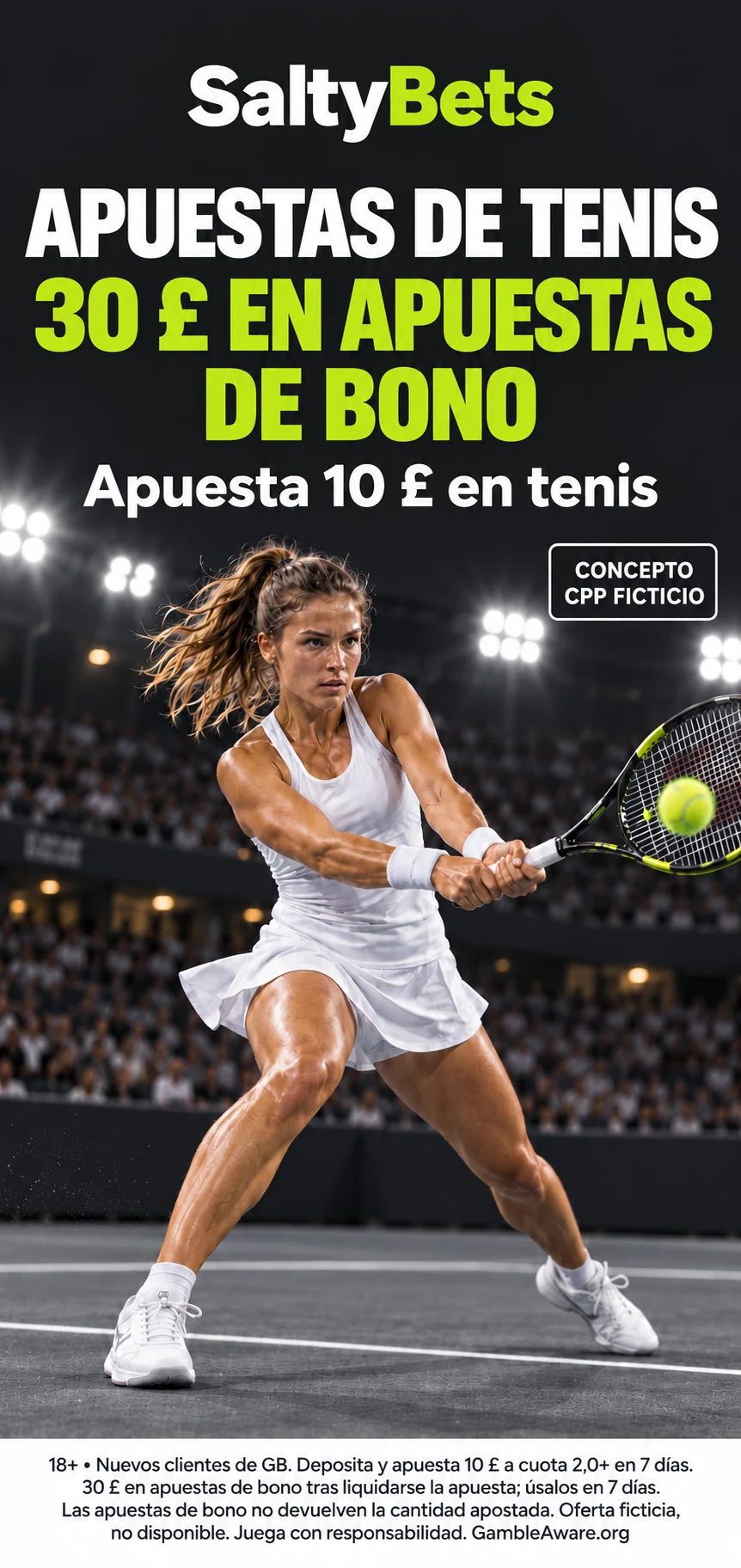Creatividad de CPP ficticia de SaltyBets para tenis, con oferta de bienvenida de 30 £ en apuestas de bono, tenista y pie legal integrado con 18+ y GambleAware.