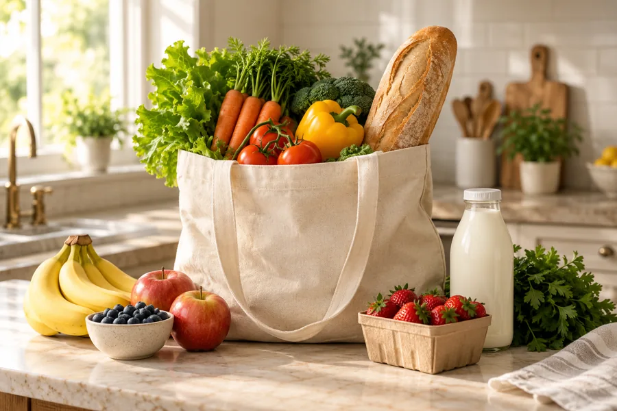 Alimentos frescos y bolsa reutilizable en un concepto ficticio de supermercado de SaltyShop